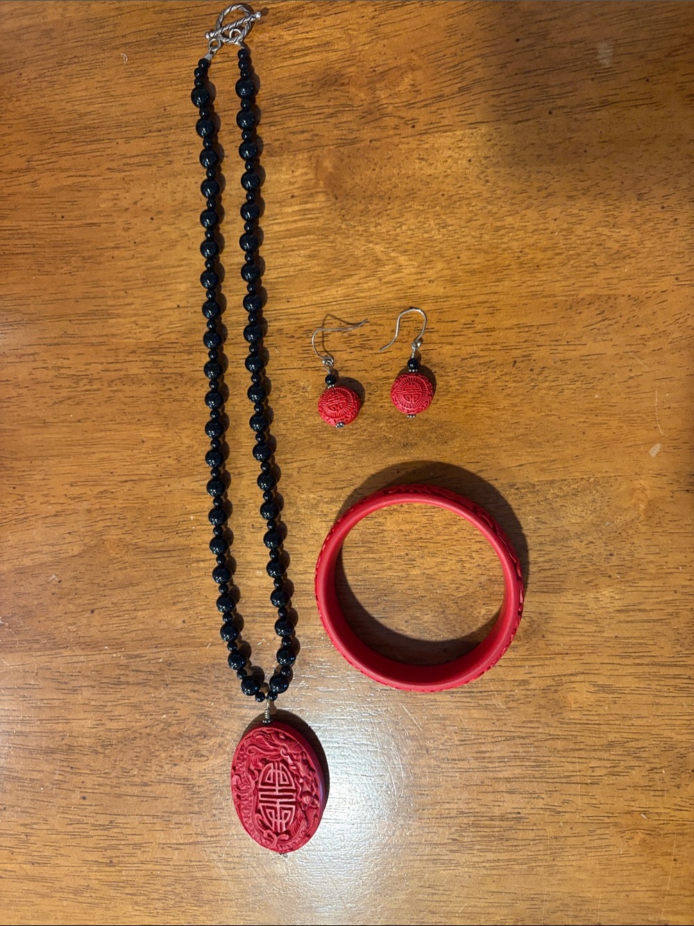 Red Carved Pendant Necklace, Earrings & Bangle Set - Women Jewelry